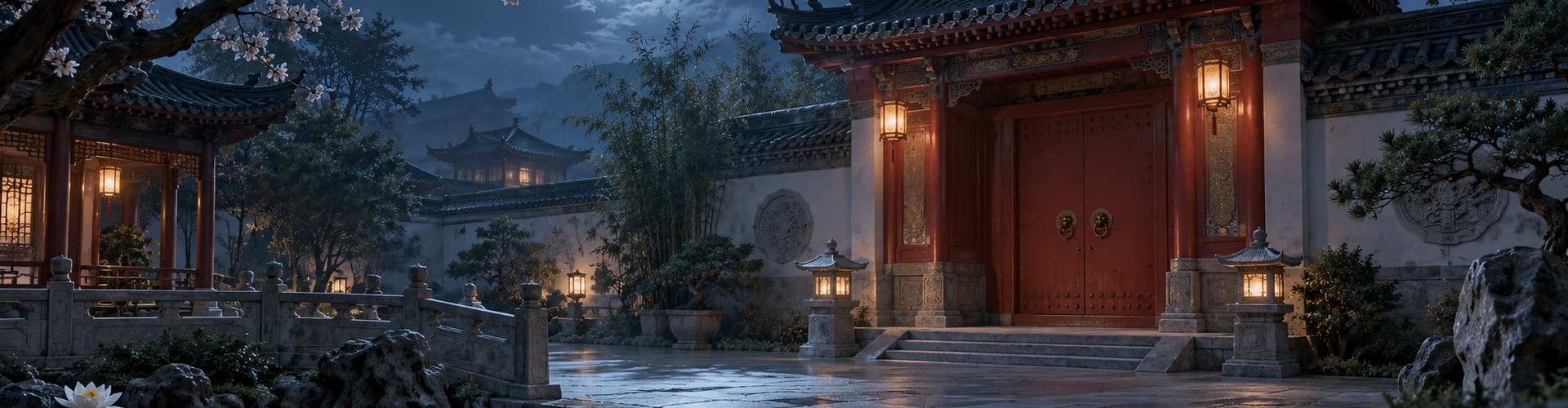 月光下的古代庭院与朱红院门，真人短剧栏目原创配图